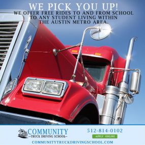 FREE rides to our Truck Driving School in Austin, Texas. Get your CDL license to drive a commercial truck at our Austin school, Community Truck Driving School. Call: 833-814-0102. https://www.communitytruckdrivingschool.com/