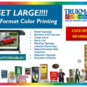 At Trukmann's Reprographics we have once again expanded our Large Format services. Changes include expanded hours, new workflow, and online uploads tools specifically designed for large format as well as an array of new creative services.