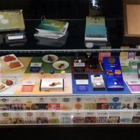 Display counter at Lightshade recreational marijuana dispensary in Federal Heights, CO.