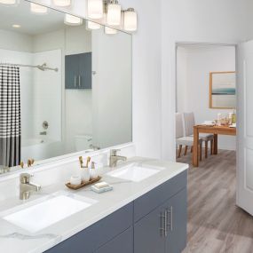 Bathroom with Moen fixtures, quartz countertops, and double sink gray vanity with brushed nickel hardware.
