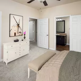 Vista style bedroom with walk in closet ensuite bath and ceiling fan