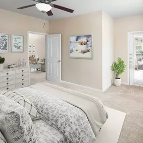 Estate style bedroom with entry to balcony ensuite bath ceiling fan and carpet