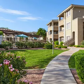 Exterior landscaped walking path