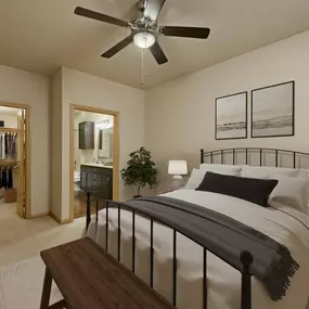 Bedroom with ensuite and walk-in closet at Camden La Frontera apartments in Round Rock, TX