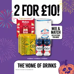 2 for £10 on selected beer packs, mix and match, bargain booze, beer deals