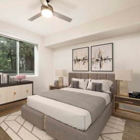 Spacious bedroom with ceiling fan