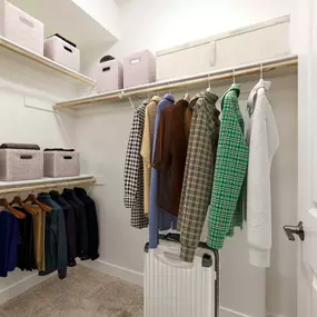 Spacious walk-in closet with wood shelves and rods