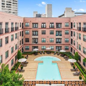 Resort-style pool at Camden Plaza Apartments in Houston, TX