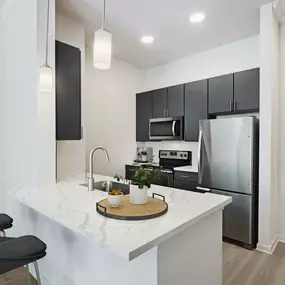 Kitchens with pull down faucet and bottom freezer refrigerator at Camden Plaza Apartments in Houston, TX