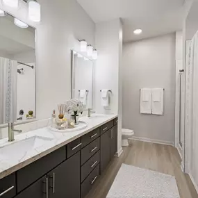 Bathroom with double sink vanity at Camden Plaza Apartments in Houston, TX