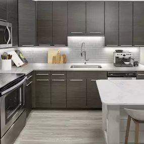 Kitchen with stainless steel appliances at Camden Shady Grove apartments in Rockville, MD