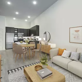 Living room, dining area, and kitchen with wood-look flooring throughout at Camden Shady Grove apartments in Rockville, MD