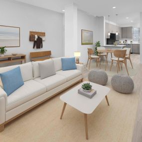 First-floor living room and dining room featuring wood-style flooring throughout