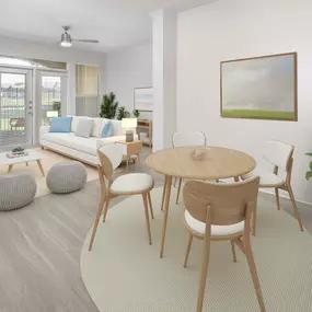 First-floor dining and living room with washed oak wood-style flooring