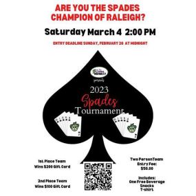 Are you the Spades Champion of Raleigh? You could be the winner of $200 gift card for 1st place. Or $100 gift card for 2nd place. Secure you’re spot by registering! Deadline is Sunday, Feb 26!