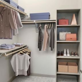Walk-in closet with built-in shelving and wooden rods