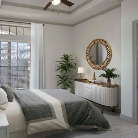 Tower bedroom with floor-to-ceiling windows, carpet, tray ceiling, and ceiling fan