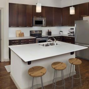 Terrace kitchen with white quartz countertops, stainless steel appliances, and hardwood-style flooring