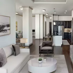 Tower living room and dining area with hardwood-style flooring throughout.