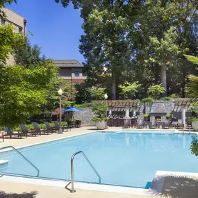 Pool at the terraces with expansive sundeck and outdoor dining areas