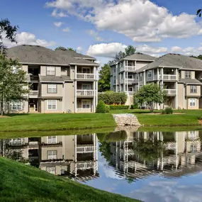 Building exterior along lake