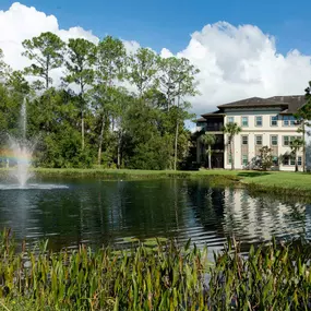 Pond with rainbow in fountain