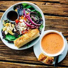 Try our Tomato Basil Soup with a Salad for Lunch at Milner's Cafe & Catering!