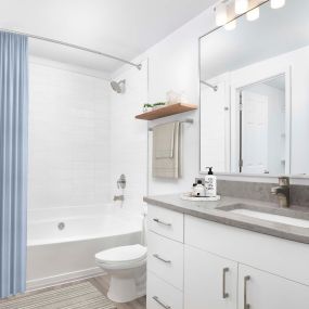 Renovated modern bathroom with gray quartz countertops and bathtub at Camden Dunwoody in Atlanta GA