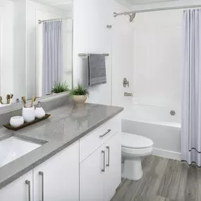 Bathroom with modern finishes at Camden Dunwoody Apartments in Dunwoody, GA