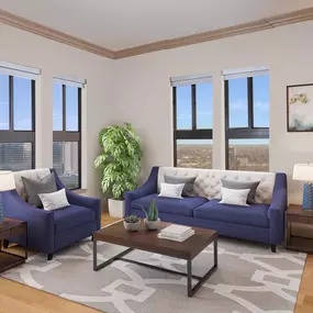 Living room with views of downtown hardwood flooring and crown molding