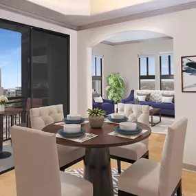 Dining and living room with private balcony at Camden Post Oak high-rise apartments in Houston, TX