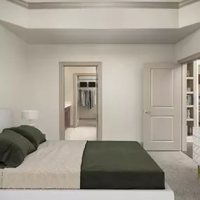 Bedroom with ensuite bath in F floor plan at Camden Post Oak high-rise apartment homes in Houston, TX