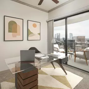 Flex space for home office with spacious balcony at Camden Post Oak high-rise apartment homes in Houston, TX