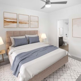 Bedroom with plush carpet and ensuite at Camden Panther Creek apartments in Frisco, Tx