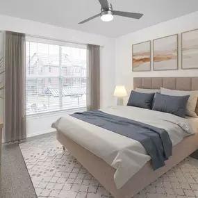 Bedroom with white walls and white trim at Camden Panther Creek apartments in Frisco, Tx