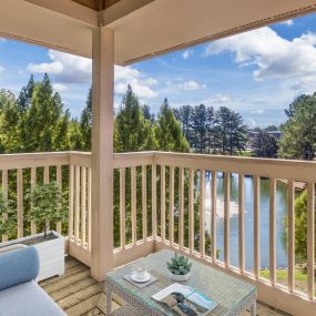 Private apartment balcony with views of community lake