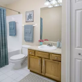 Bathroom with curved shower rod and LED vanity lighting.