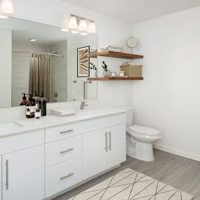 Lovely bathroom with double sink vanity and satin nickel finishes and Moen fixtures at Camden Lake Eola apartments in Orlando, FL.