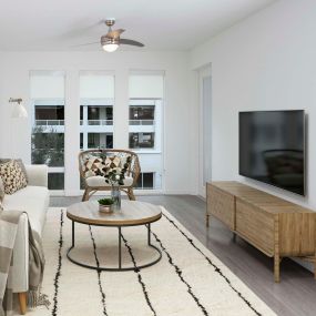 B1 Floor Plan with Floor-To-Ceiling Windows in Living Room.