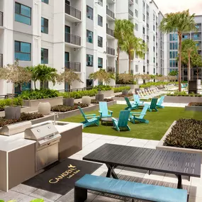 The amenity deck on the seventh floor includes poolside grills and seating areas.