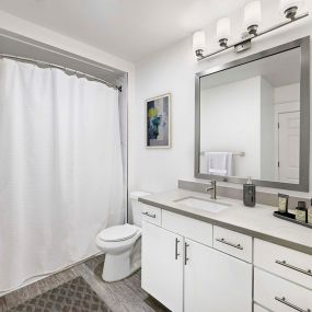 Contemporary style bathroom with quartz countertops