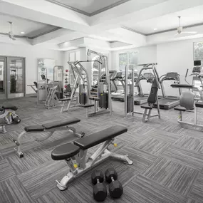 Fitness center with free weights at Camden City Centre Apartments in Midtown Houston, Tx