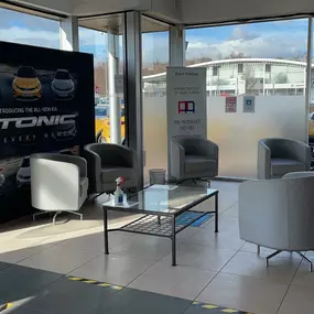 Waiting area inside of the Kia Hull showroom