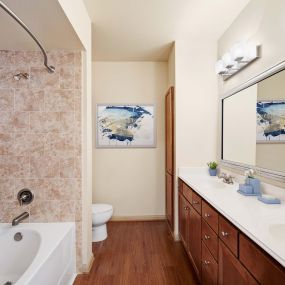 Bathroom with double sink vanity bathtub with tile surround and curved shower rod