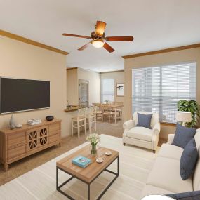 Living and dining room with dark crown molding overlooking balcony