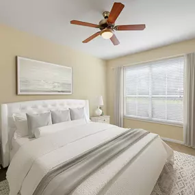 Bedroom with carpet and ceiling fan at Camden Amber Oaks apartments in Austin, TX