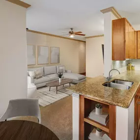 Kitchen with private balcony at Camden Amber Oaks apartments in Austin, TX