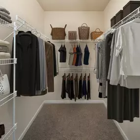 Walk-in closet with wire racks and shelves at Camden Amber Oaks apartments in Austin, TX