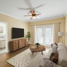 Living room with wood-style flooring and private patio at Camden Amber Oaks apartments in Austin, TX