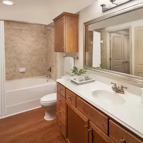 Bathroom with tile shower surround and walk-in closet at Camden Amber Oaks apartments in Austin, TX